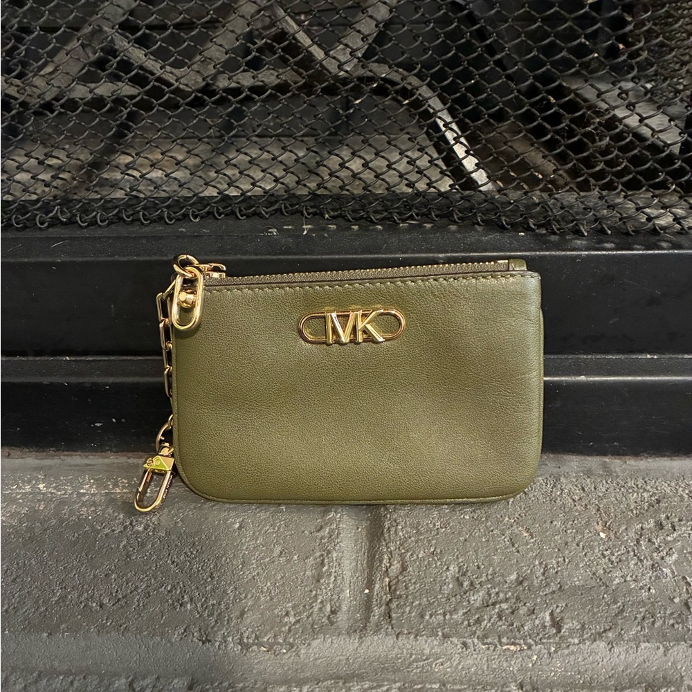 Michael Kors Olive Green Leather Zip ID Holder with Gold Hardware